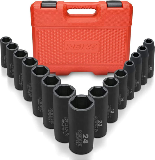 15-Piece 1/2" Metric Impact Socket Set (10-24mm) - Deep 6-Point Chrome Vanadium Sockets for 1/2" Wrench