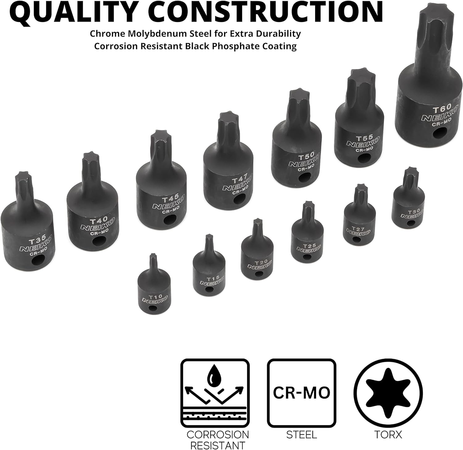 Heavy Duty 10281B Impact Torx Bit Socket Set - 1/4", 3/8", & 1/2" Drive, Professional Grade Cr-Mo Sockets T10 to T60 for Auto & Motorcycle Mechanics