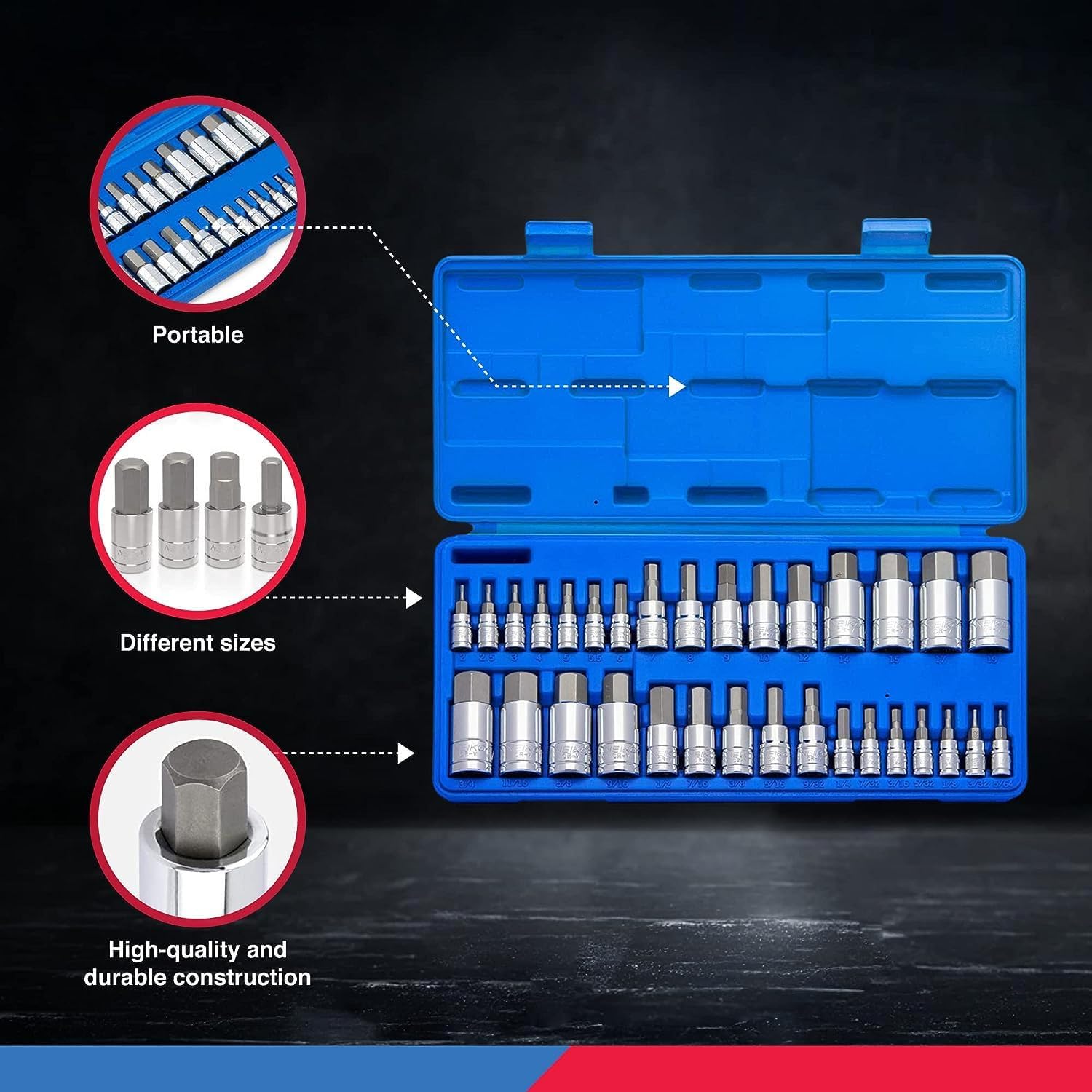 32-Piece Allen Hex Bit Socket Set - Premium SAE & Metric Sockets Made with Durable S2 Steel