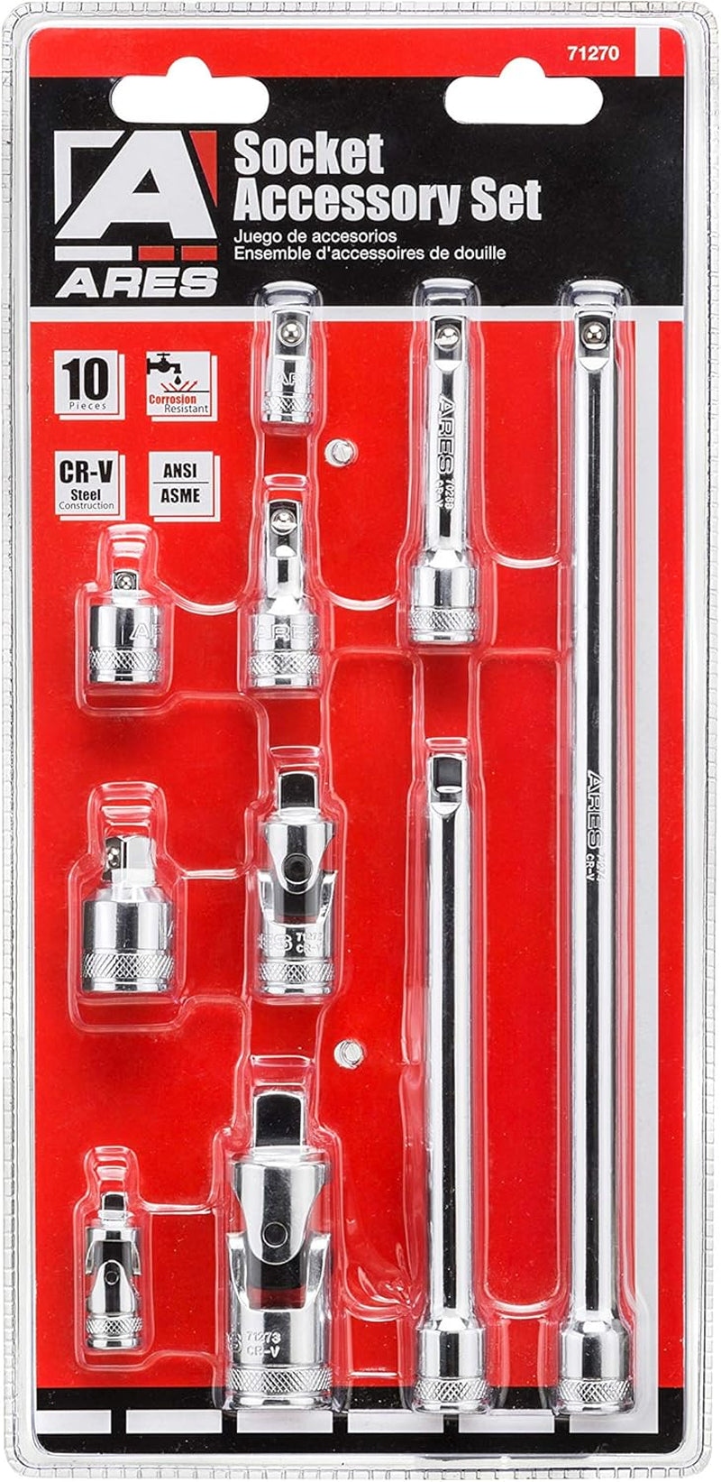 Premium 10-Piece Chrome Vanadium Steel Socket Accessory Set - Includes Adapters, Extensions & Universal Joints with Mirror Finish