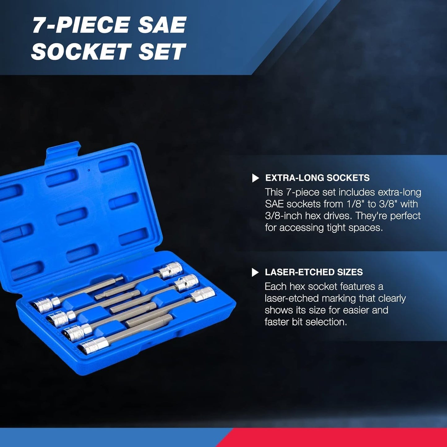 Ultimate 7-Piece Extra Long Allen Hex Bit Socket Set - 3/8-Inch Drive, SAE, Durable S2 & Cr-V Steel