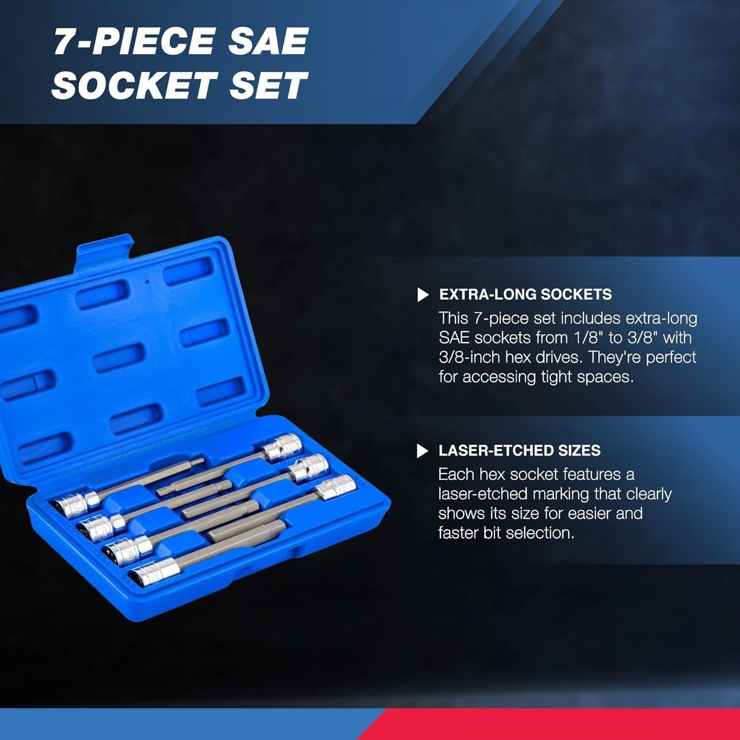 Ultimate 7-Piece Extra Long Allen Hex Bit Socket Set - 3/8-Inch Drive, SAE, Durable S2 & Cr-V Steel