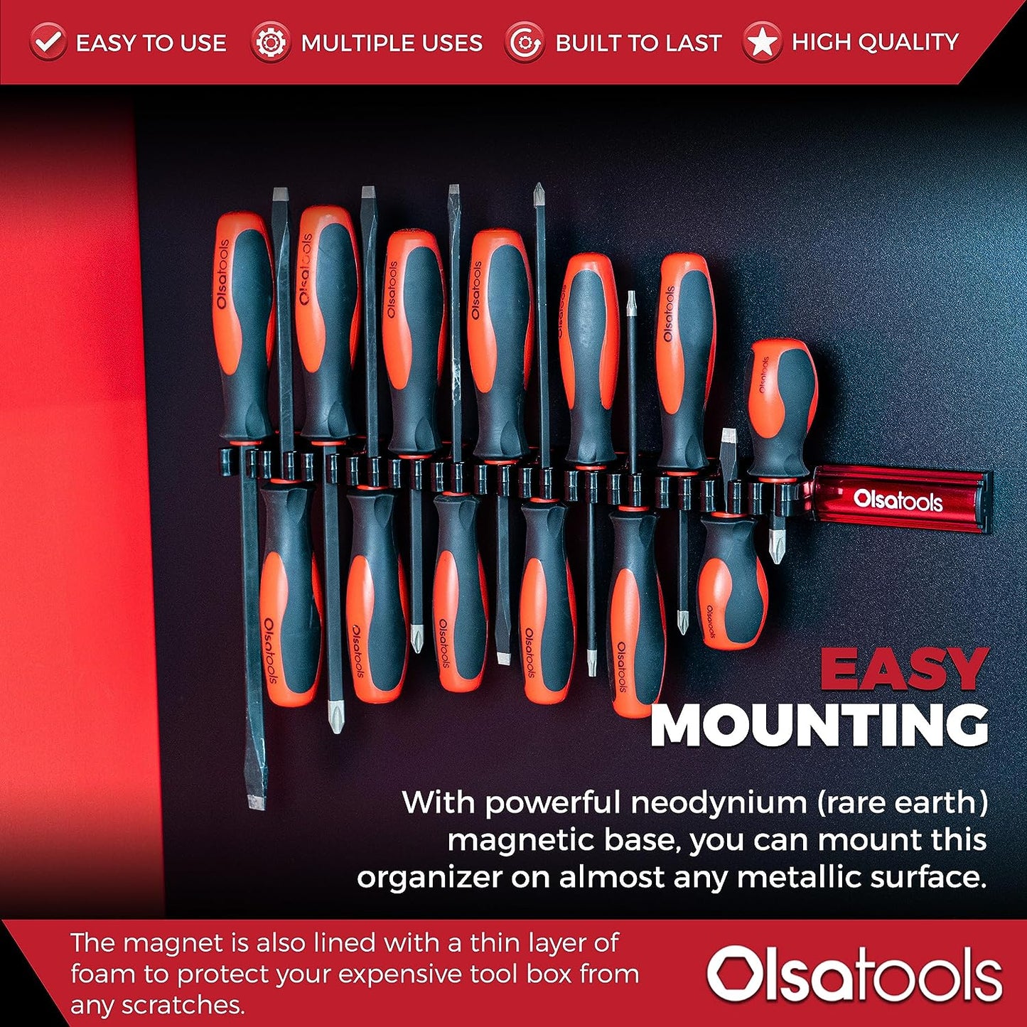 Magnetic Screwdriver Organizer | Professional Quality Tool Holder | Fits up to 16 Screwdrivers | Red