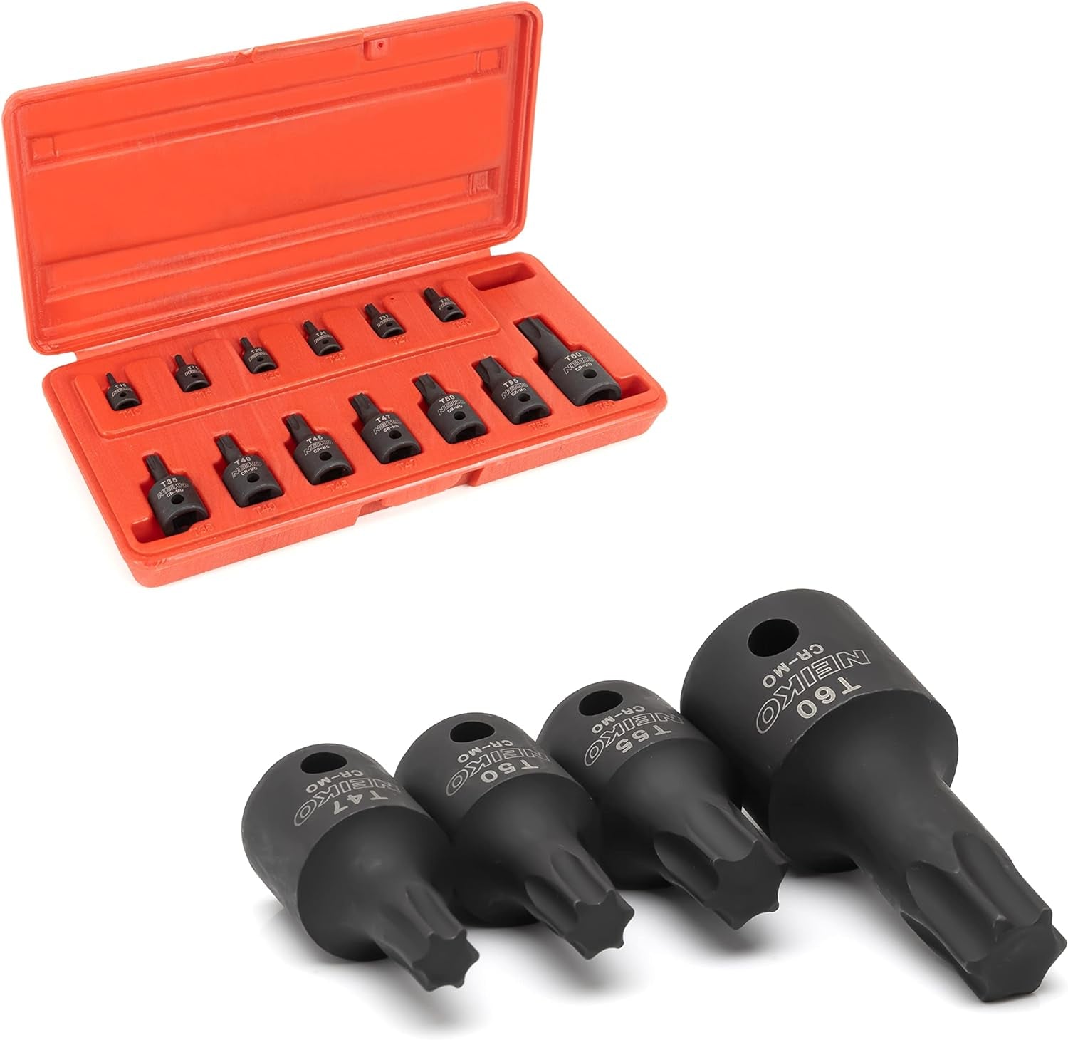 Heavy Duty 10281B Impact Torx Bit Socket Set - 1/4", 3/8", & 1/2" Drive, Professional Grade Cr-Mo Sockets T10 to T60 for Auto & Motorcycle Mechanics