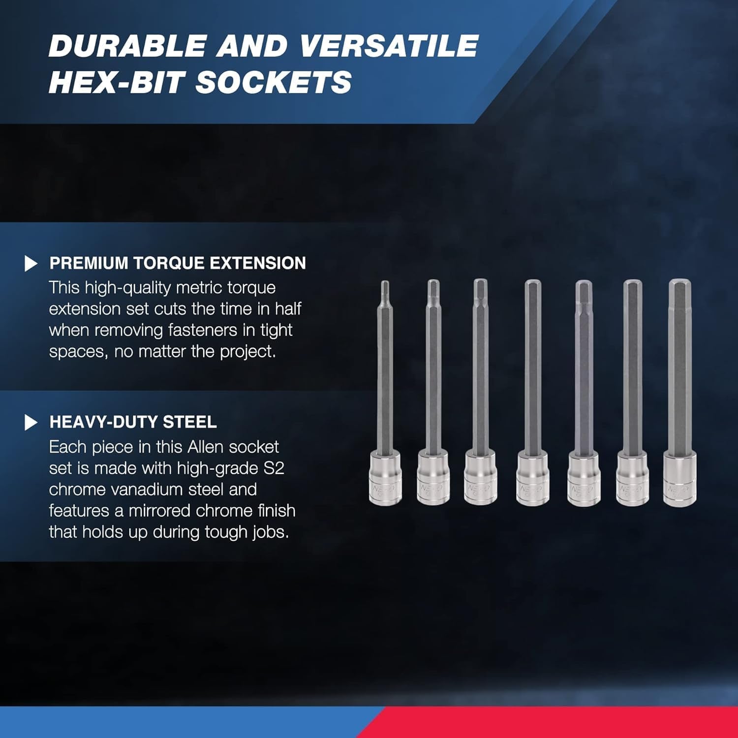 Ultimate 7-Piece Extra Long Allen Hex Bit Socket Set - 3/8-Inch Drive, SAE, Durable S2 & Cr-V Steel