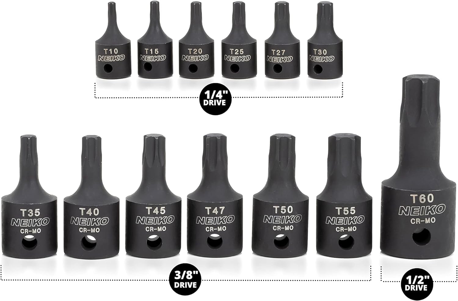 Heavy Duty 10281B Impact Torx Bit Socket Set - 1/4", 3/8", & 1/2" Drive, Professional Grade Cr-Mo Sockets T10 to T60 for Auto & Motorcycle Mechanics